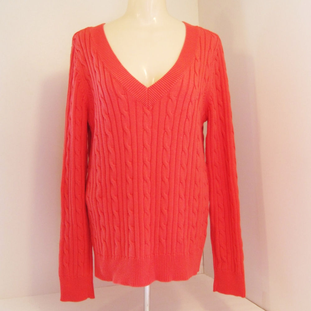 Chaps Classics-V-Neck Sweater-Salmon Cable Knit-L
